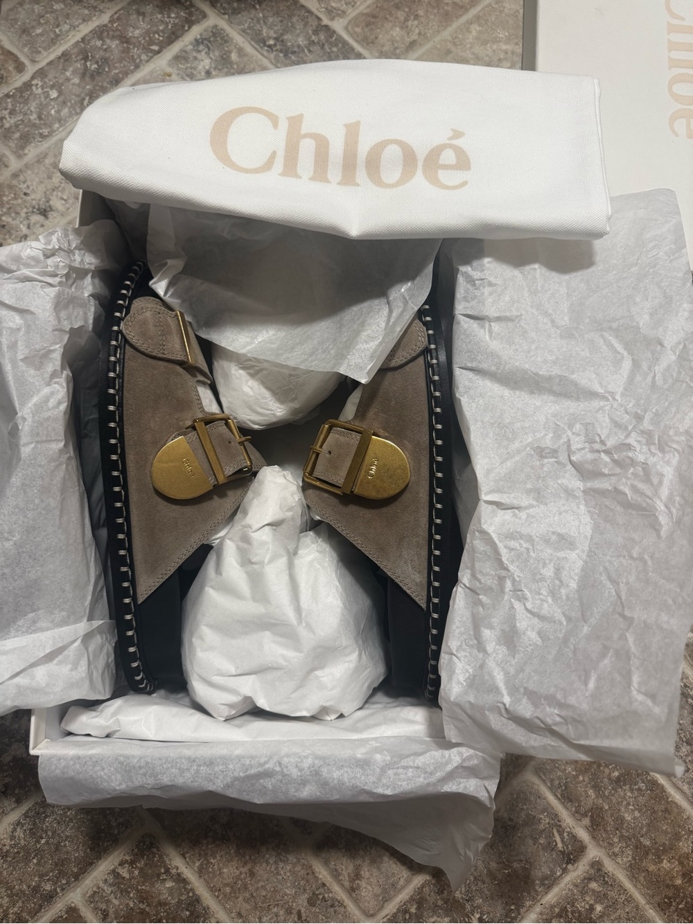 NWT Chloé Rebecca Suede Double-Buckle Slide Sandals in Greige - Picture 2 of 5